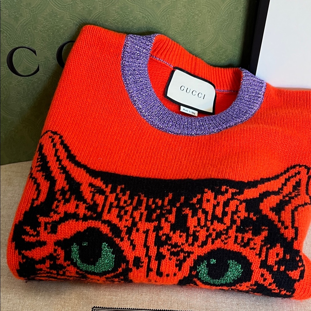 Gucci Orange and purple with cat motif woman’s sweater . Size M
